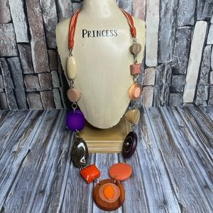 Long Geometric Multicolored Wood and Acrylic Chunky Chico’s Statement Necklace
